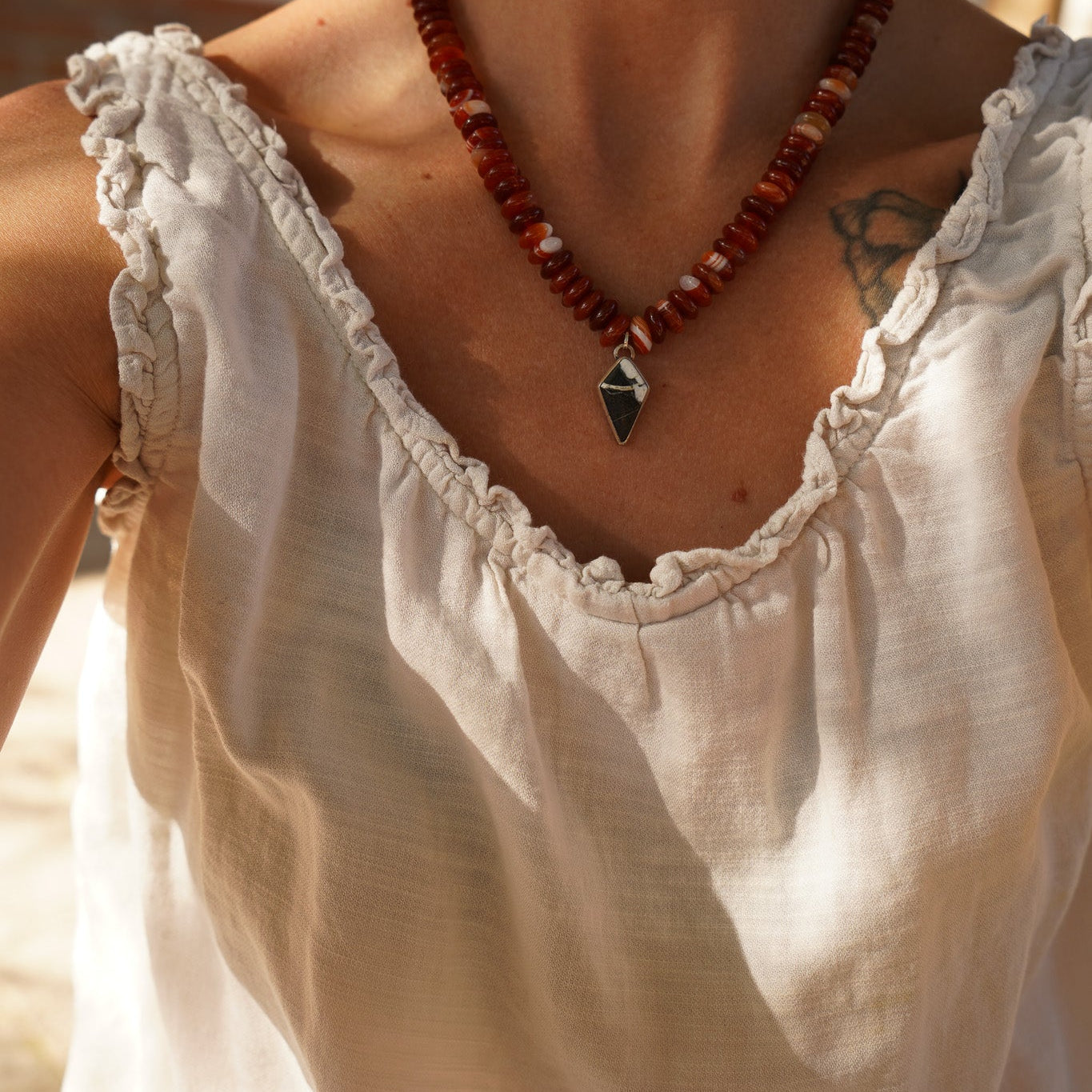 Red Agate Necklace with White Buffalo - Golden Road Crafted