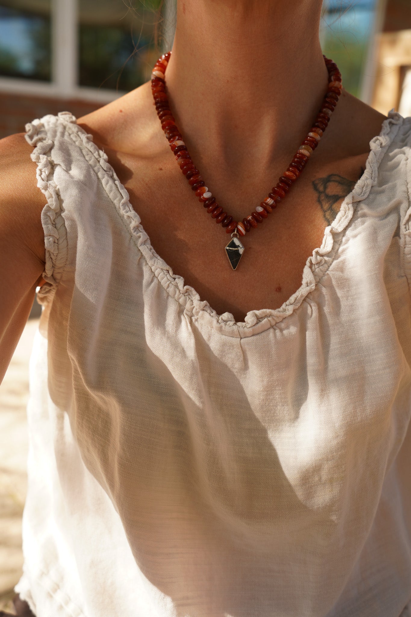 Red Agate Necklace with White Buffalo - Golden Road Crafted