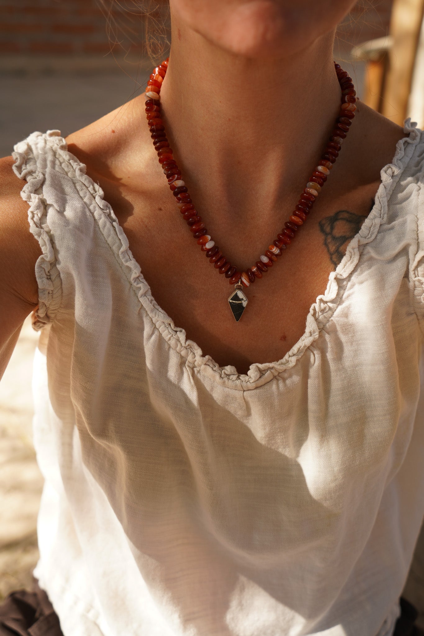 Red Agate Necklace with White Buffalo - Golden Road Crafted