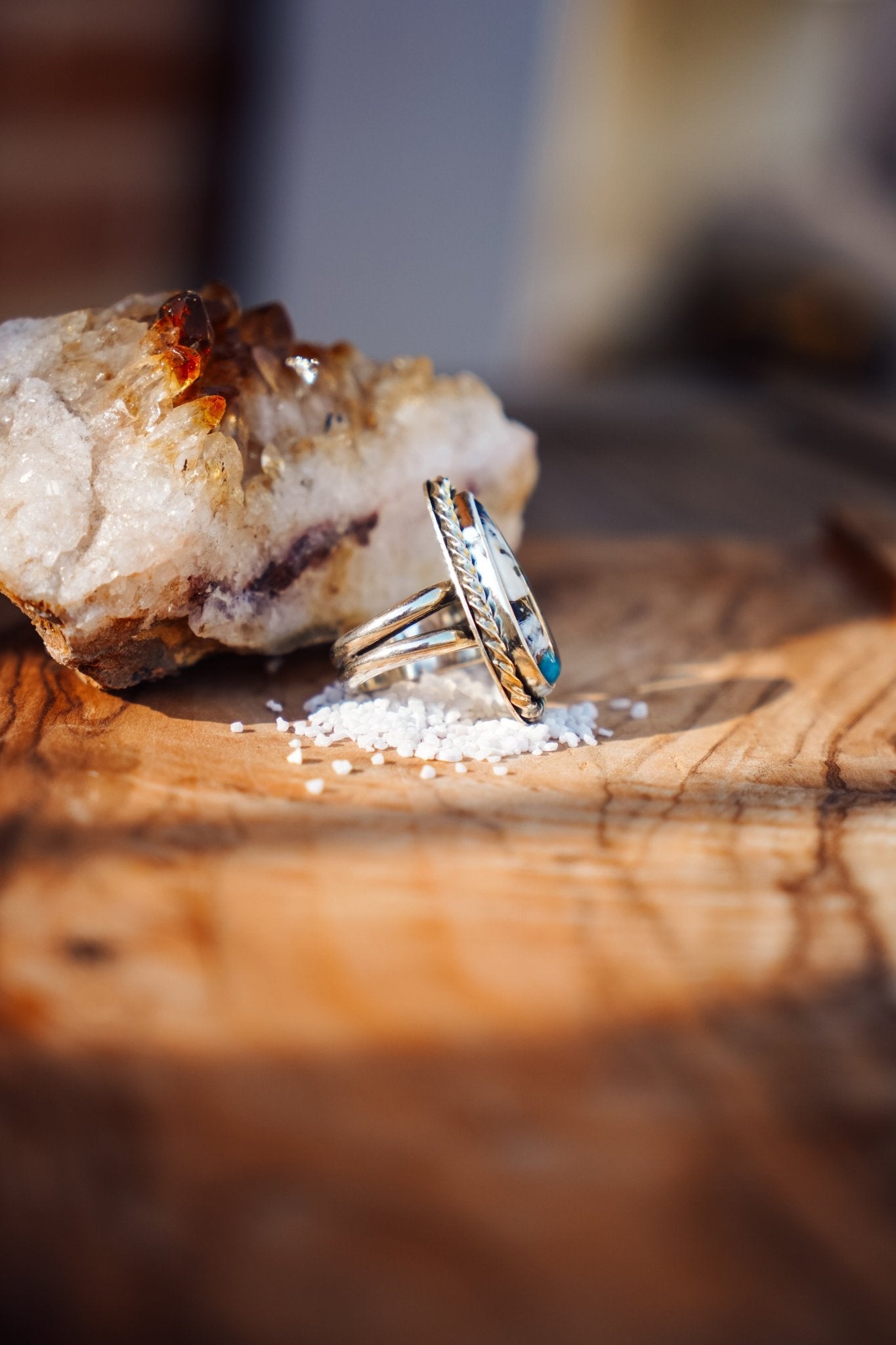 Ring in Kingman Turquoise, White Buffalo, & Bronze (Size 7.25) - Golden Road Crafted