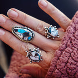 Ring in Kingman Turquoise, White Buffalo, & Bronze (Size 7.25) - Golden Road Crafted