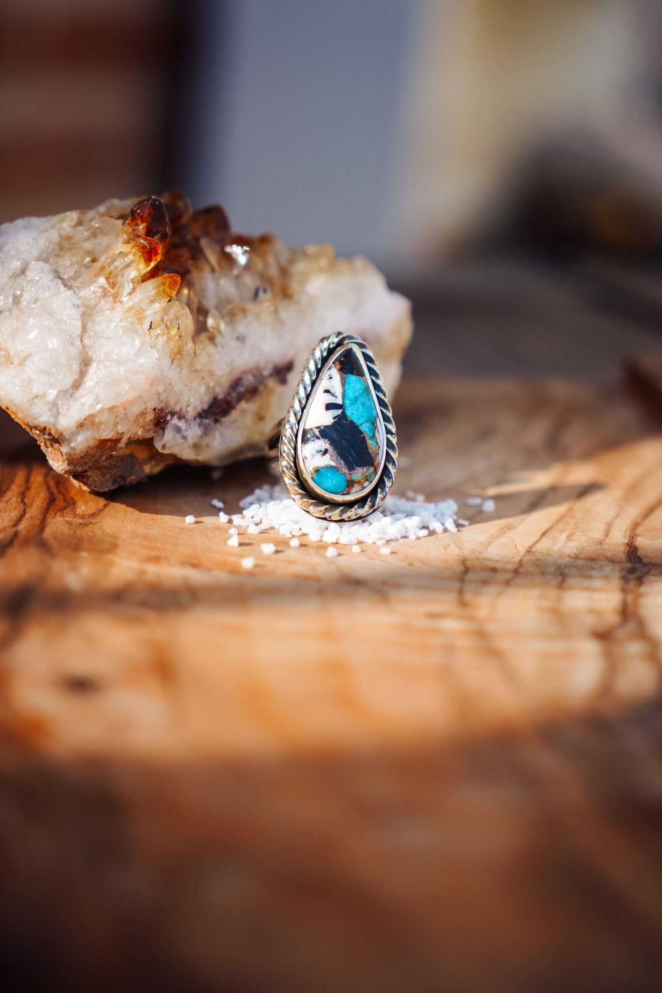 Ring in Kingman Turquoise, White Buffalo, & Bronze (Size 7.25) - Golden Road Crafted