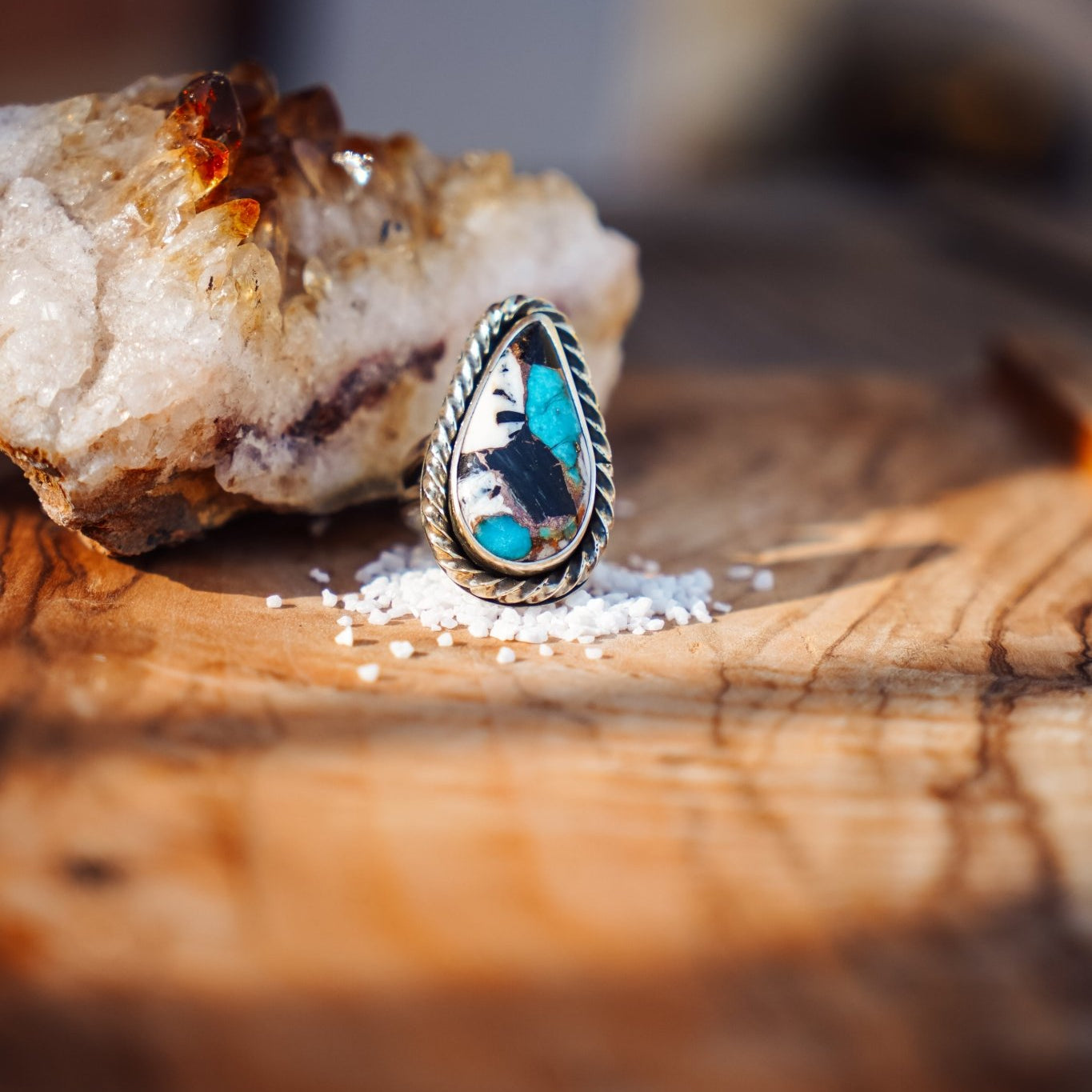Ring in Kingman Turquoise, White Buffalo, & Bronze (Size 7.25) - Golden Road Crafted
