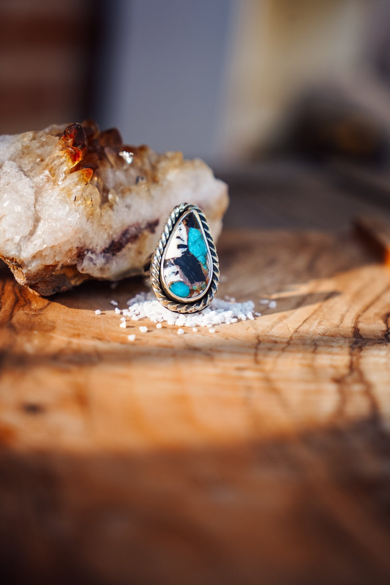 Ring in Kingman Turquoise, White Buffalo, & Bronze (Size 7.25) - Golden Road Crafted