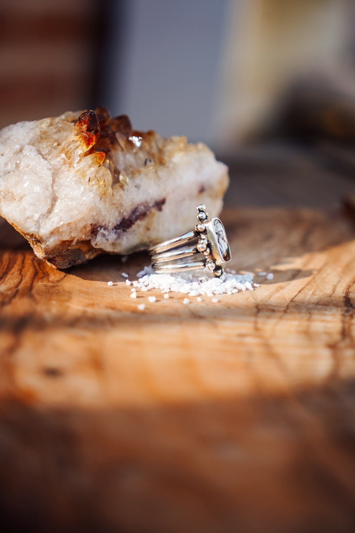 Ring in Kingman Turquoise, White Buffalo, & Bronze (Size 7.75) - Golden Road Crafted