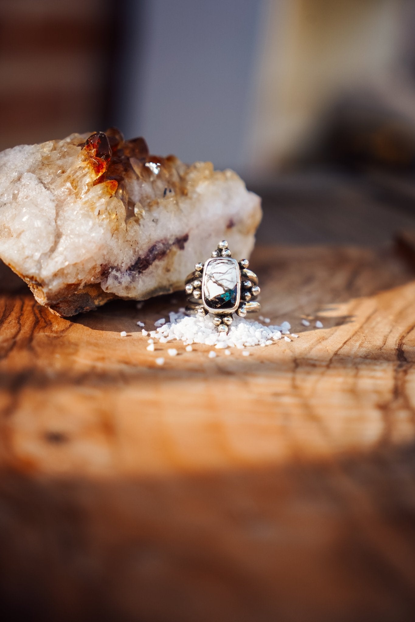 Ring in Kingman Turquoise, White Buffalo, & Bronze (Size 7.75) - Golden Road Crafted