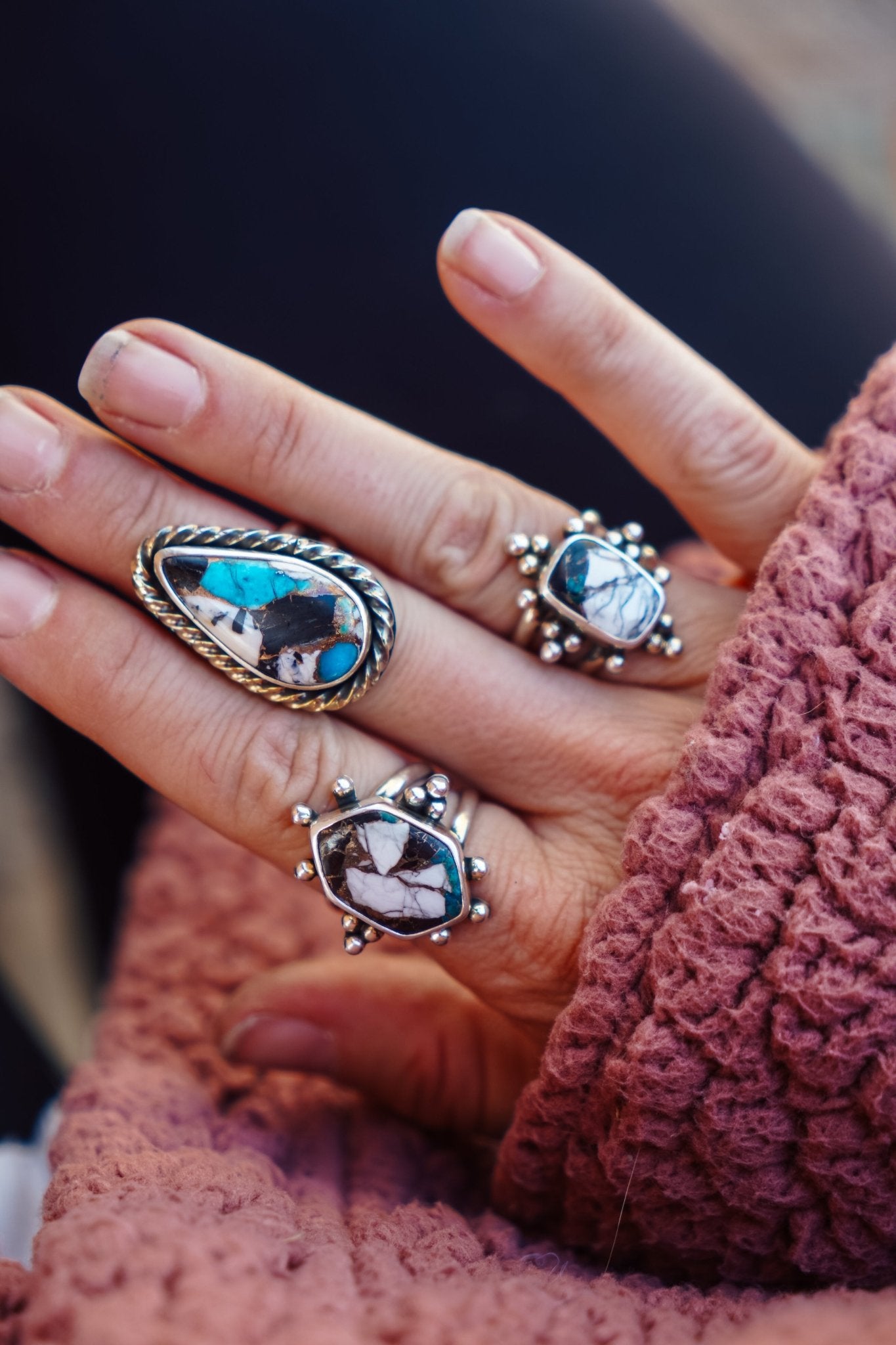 Ring in Kingman Turquoise, White Buffalo, & Bronze (Size 7.75) - Golden Road Crafted