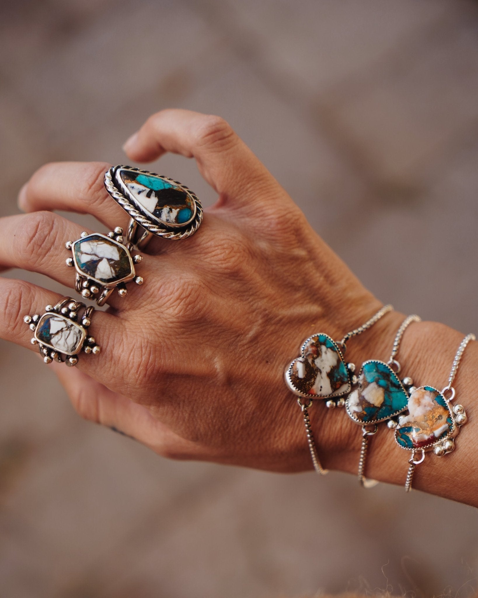 Ring in Kingman Turquoise, White Buffalo, & Bronze (Size 7.75) - Golden Road Crafted