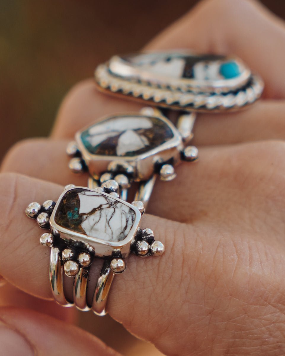 Ring in Kingman Turquoise, White Buffalo, & Bronze (Size 7.75) - Golden Road Crafted