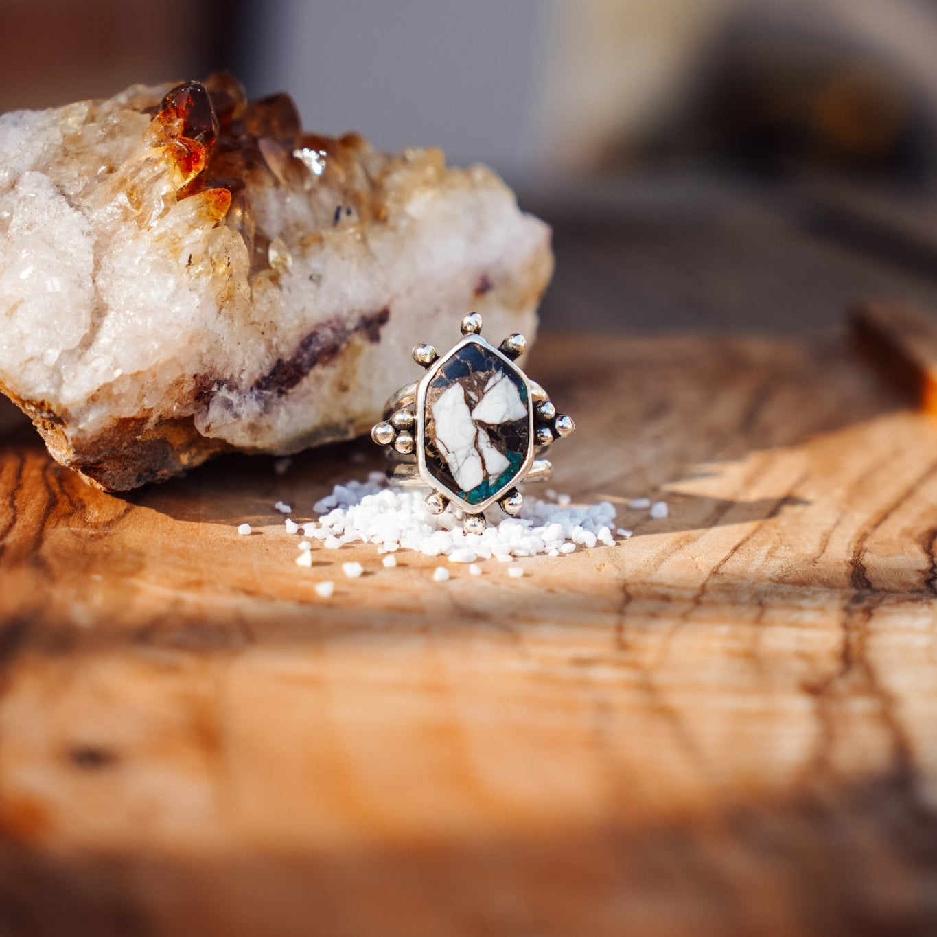 Ring in Kingman Turquoise, White Buffalo, & Bronze (Size 8.5) - Golden Road Crafted