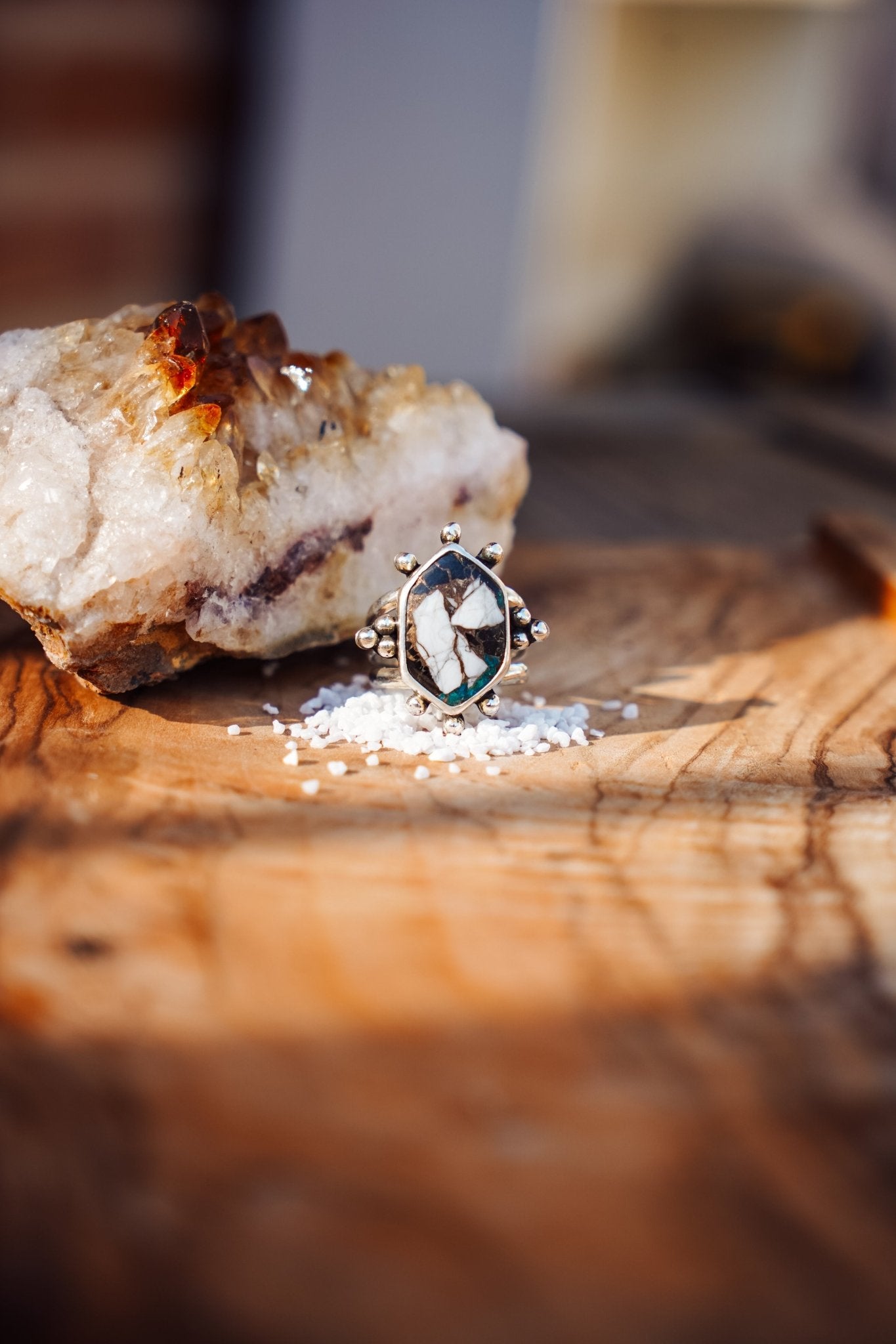 Ring in Kingman Turquoise, White Buffalo, & Bronze (Size 8.5) - Golden Road Crafted