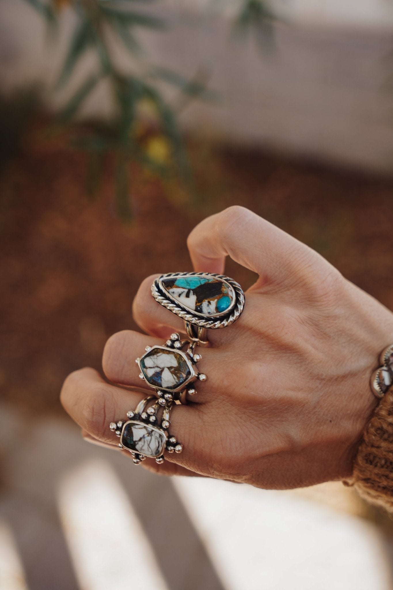 Ring in Kingman Turquoise, White Buffalo, & Bronze (Size 8.5) - Golden Road Crafted