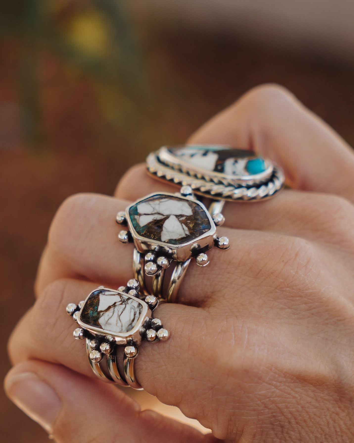Ring in Kingman Turquoise, White Buffalo, & Bronze (Size 8.5) - Golden Road Crafted