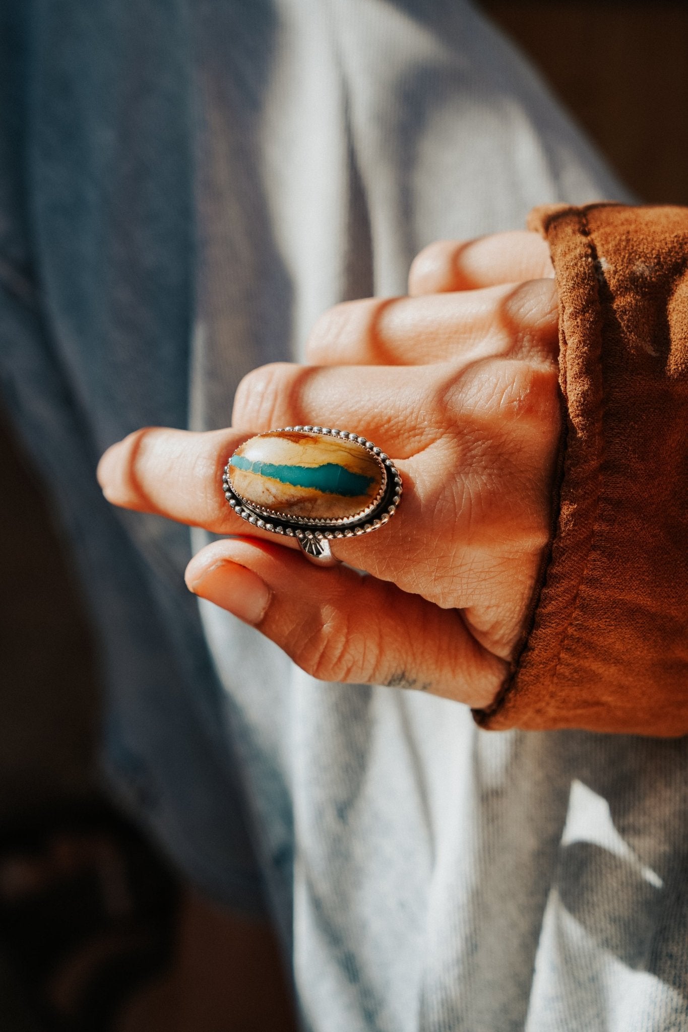 Royston Ribbon Turquoise Ring (Size 9) - Golden Road Crafted