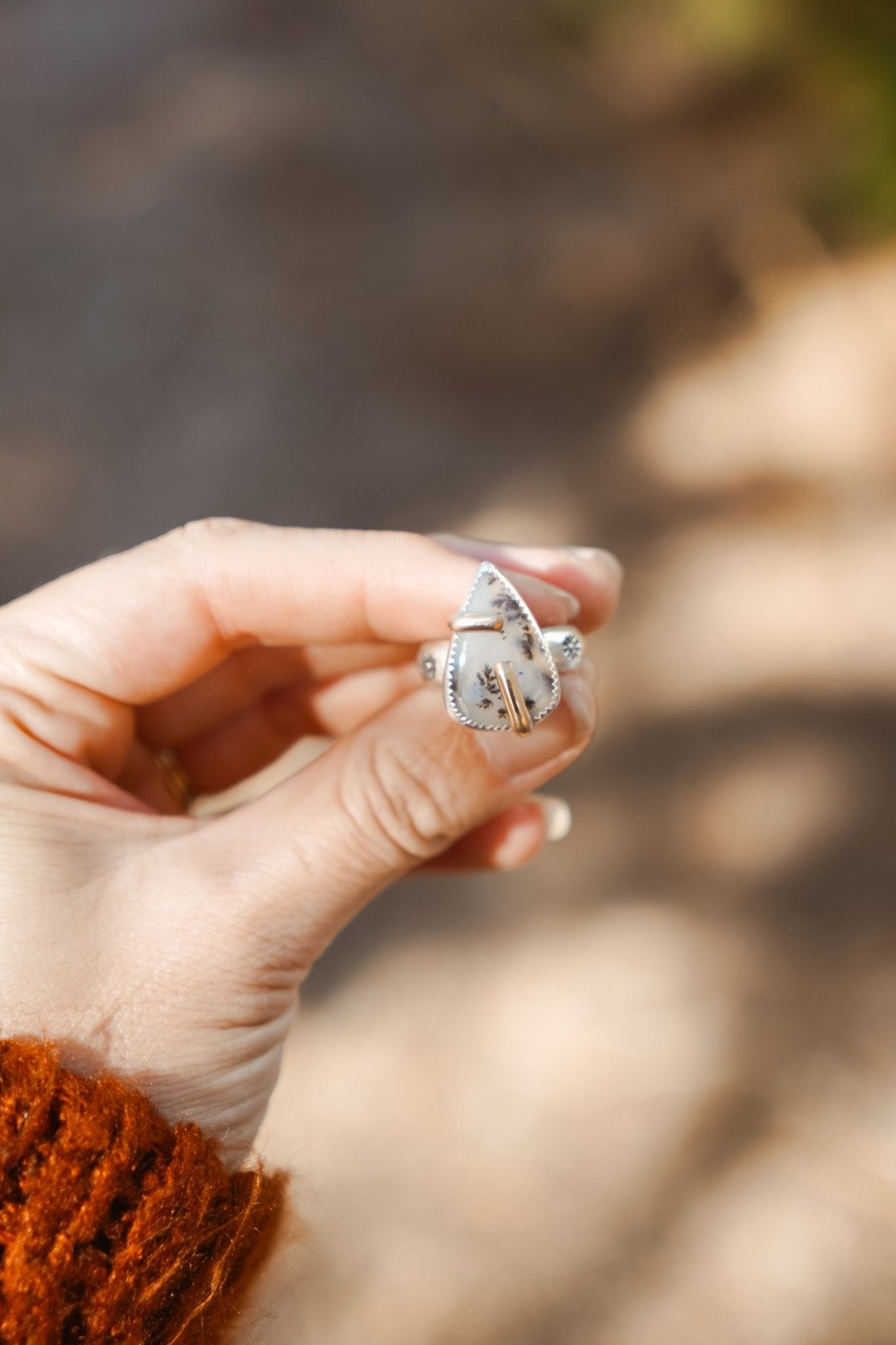 Scenic Agate Ring with Gold - Fill Prongs (Size 8) - Golden Road Crafted