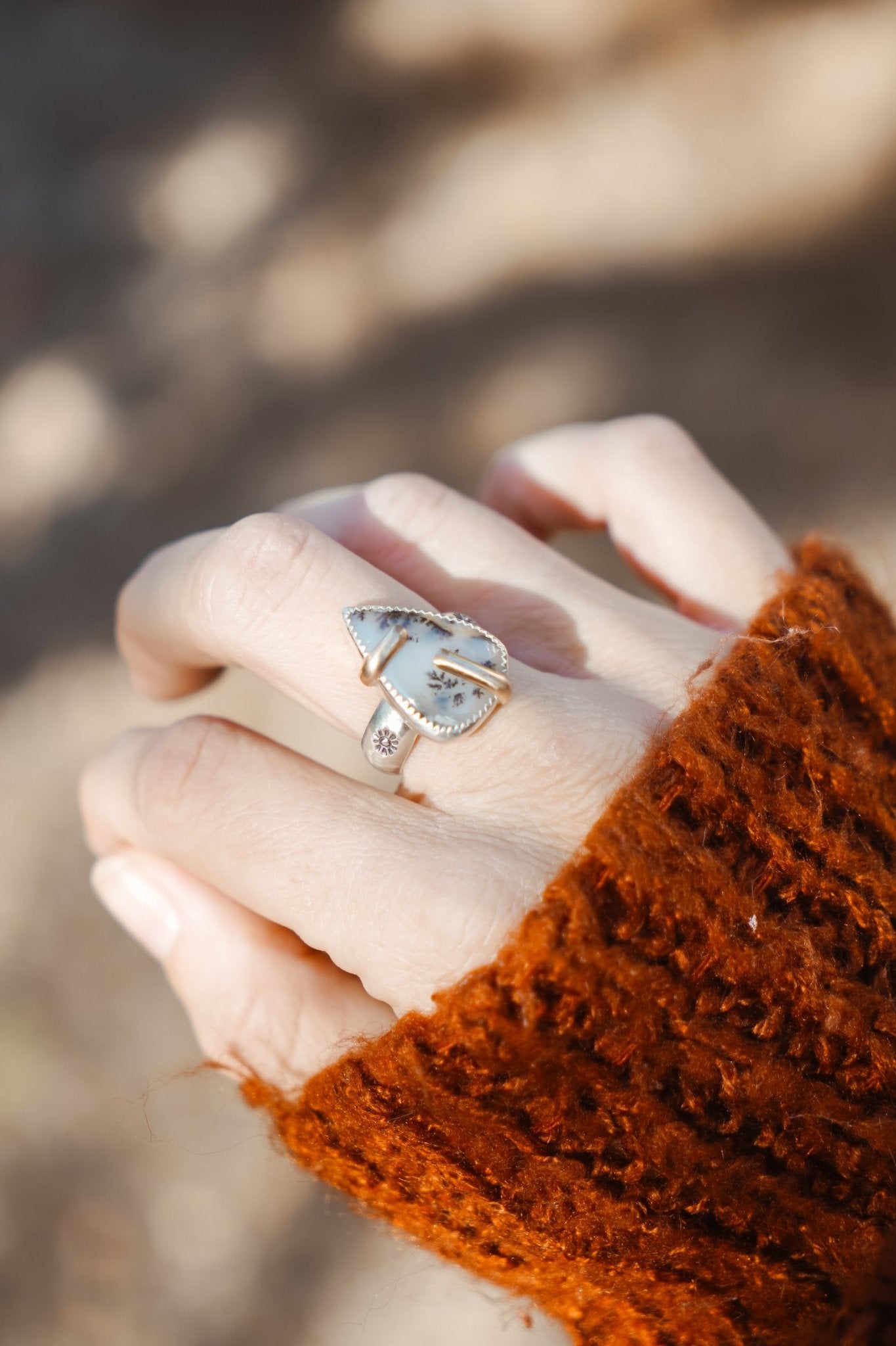 Scenic Agate Ring with Gold - Fill Prongs (Size 8) - Golden Road Crafted