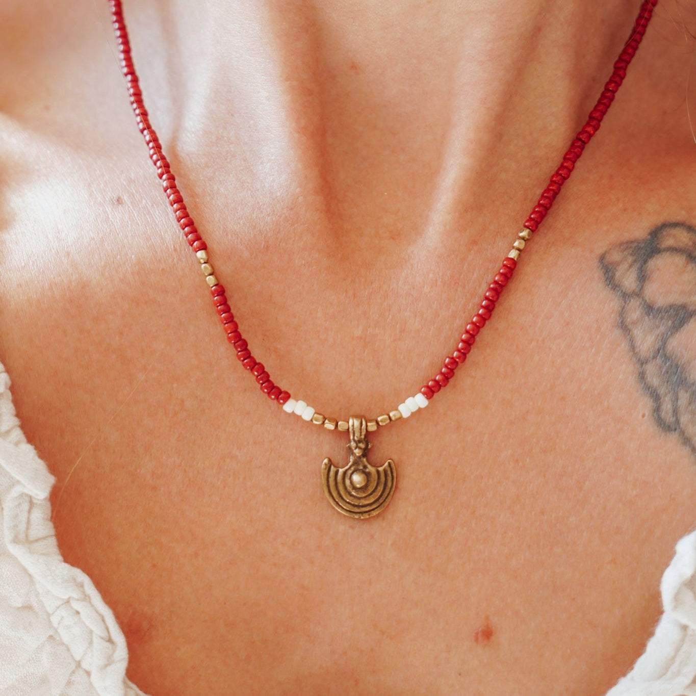 Shield Necklace in Red Beads - Golden Road Crafted