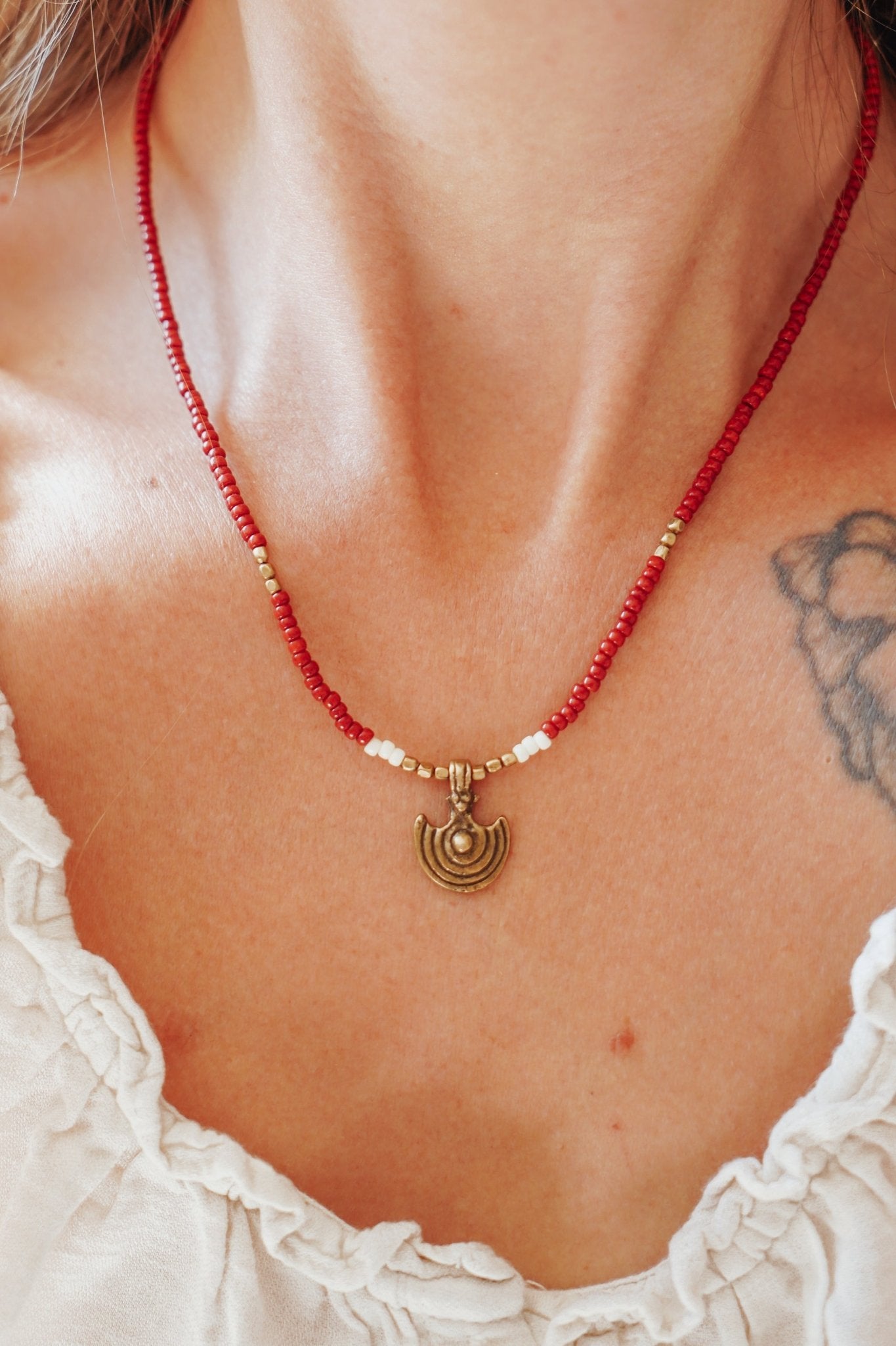 Shield Necklace in Red Beads - Golden Road Crafted