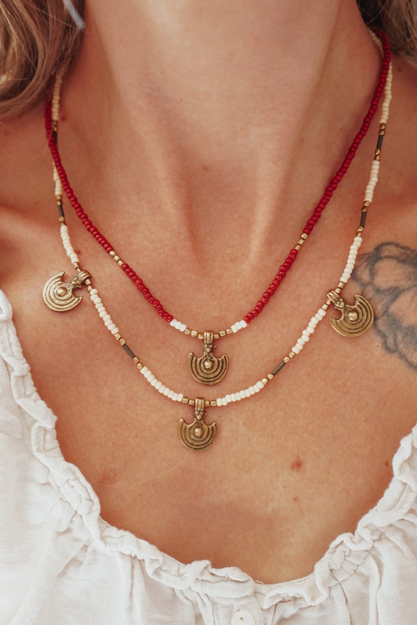 Shield Necklace in Red Beads - Golden Road Crafted