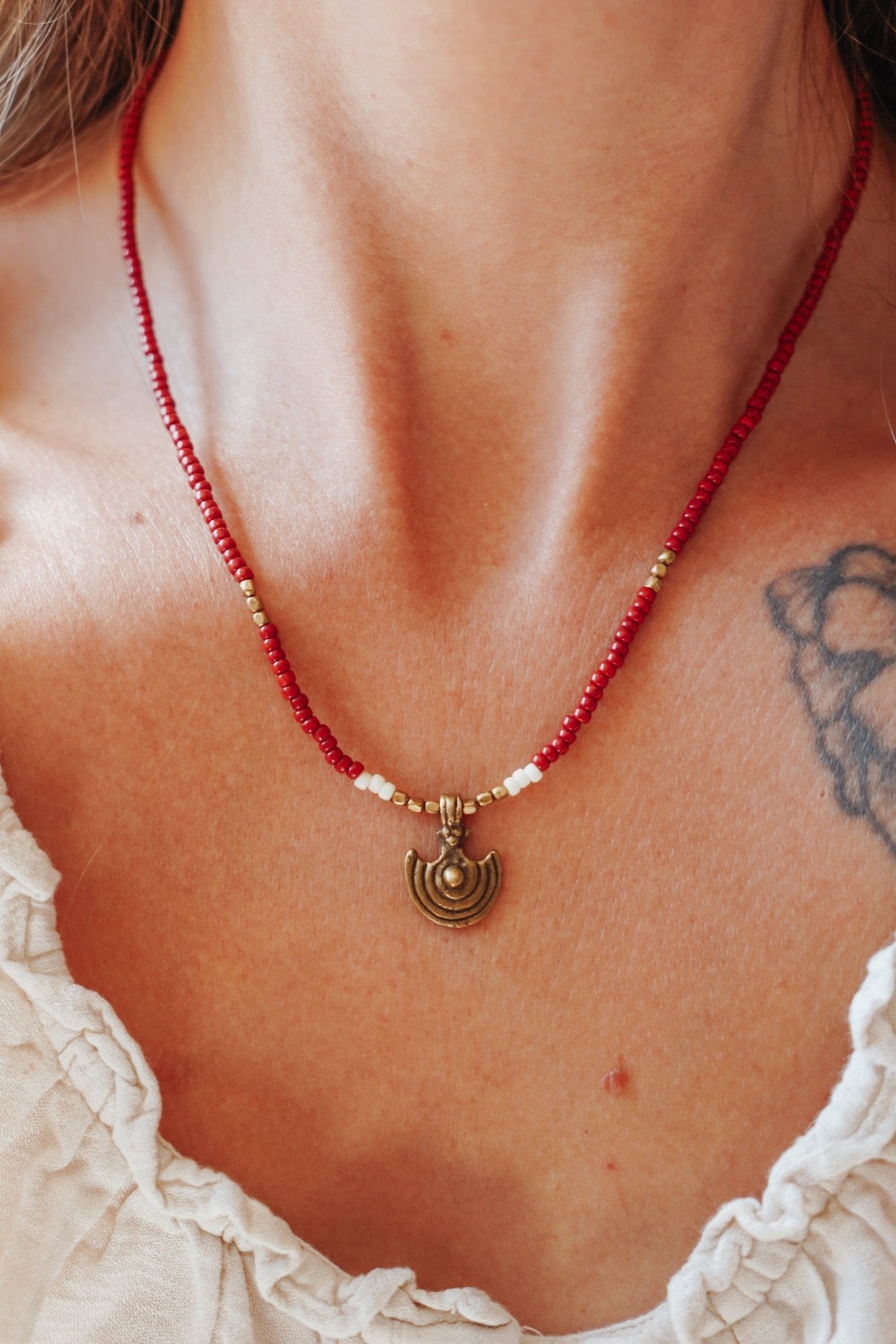Shield Necklace in Red Beads - Golden Road Crafted