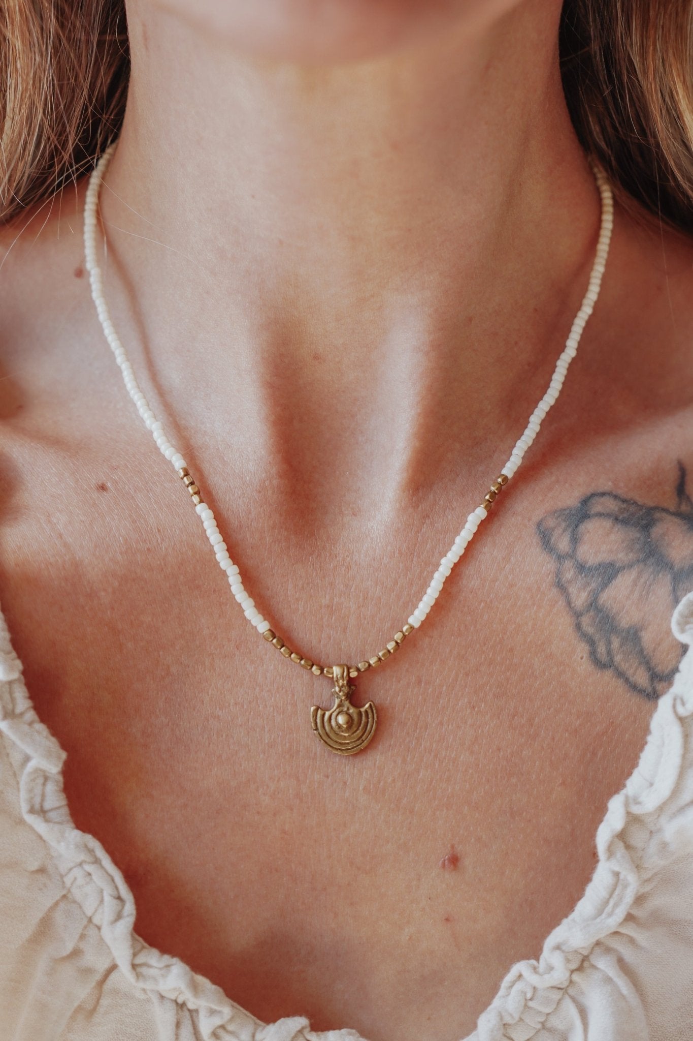 Shield Necklace in White Beads - Golden Road Crafted