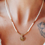 Shield Necklace in White Beads - Golden Road Crafted