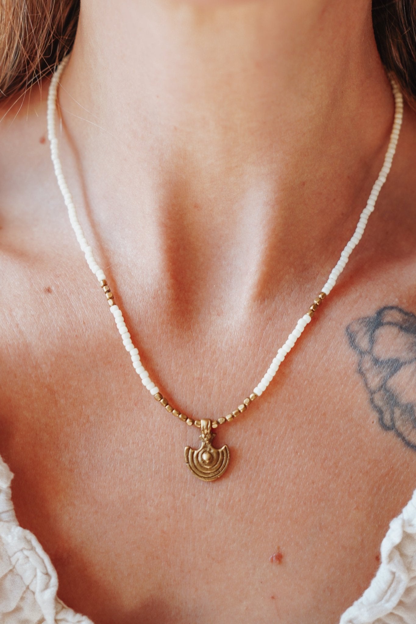 Shield Necklace in White Beads - Golden Road Crafted