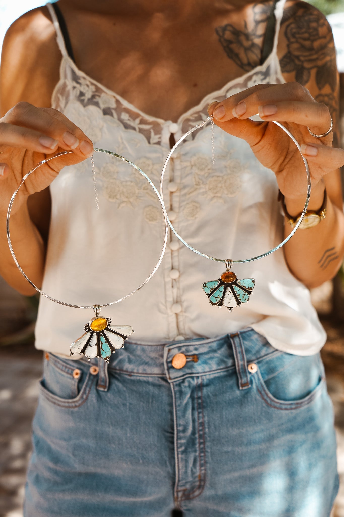 Sonoran Flower Collar in No. 8 Turquoise, White Buffalo, & Amber - Golden Road Crafted