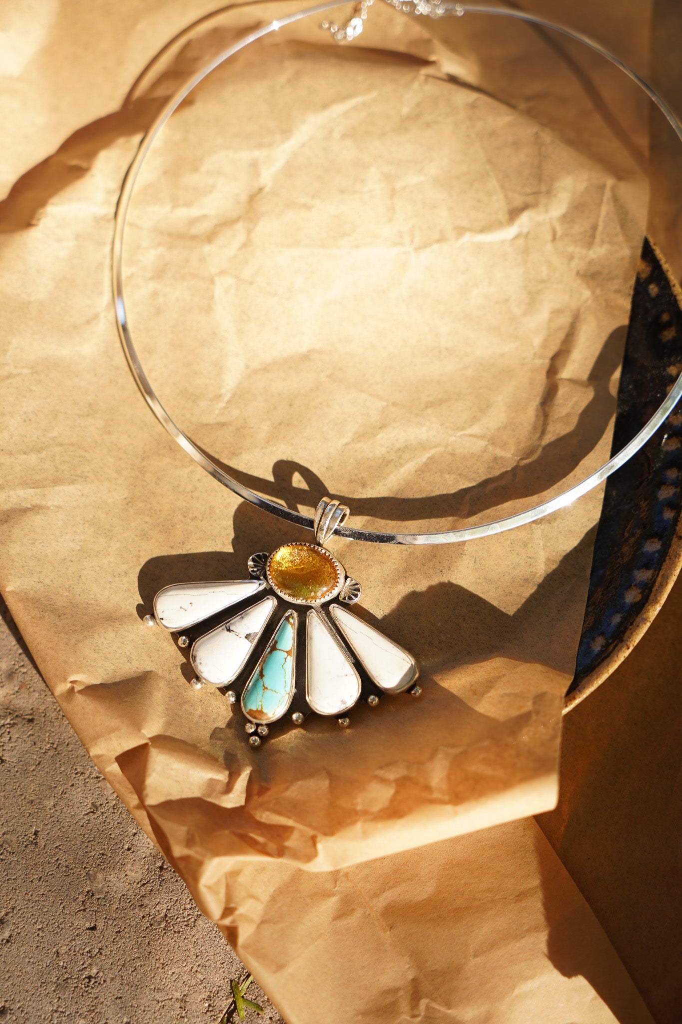 Sonoran Flower Collar in No. 8 Turquoise, White Buffalo, & Amber - Golden Road Crafted