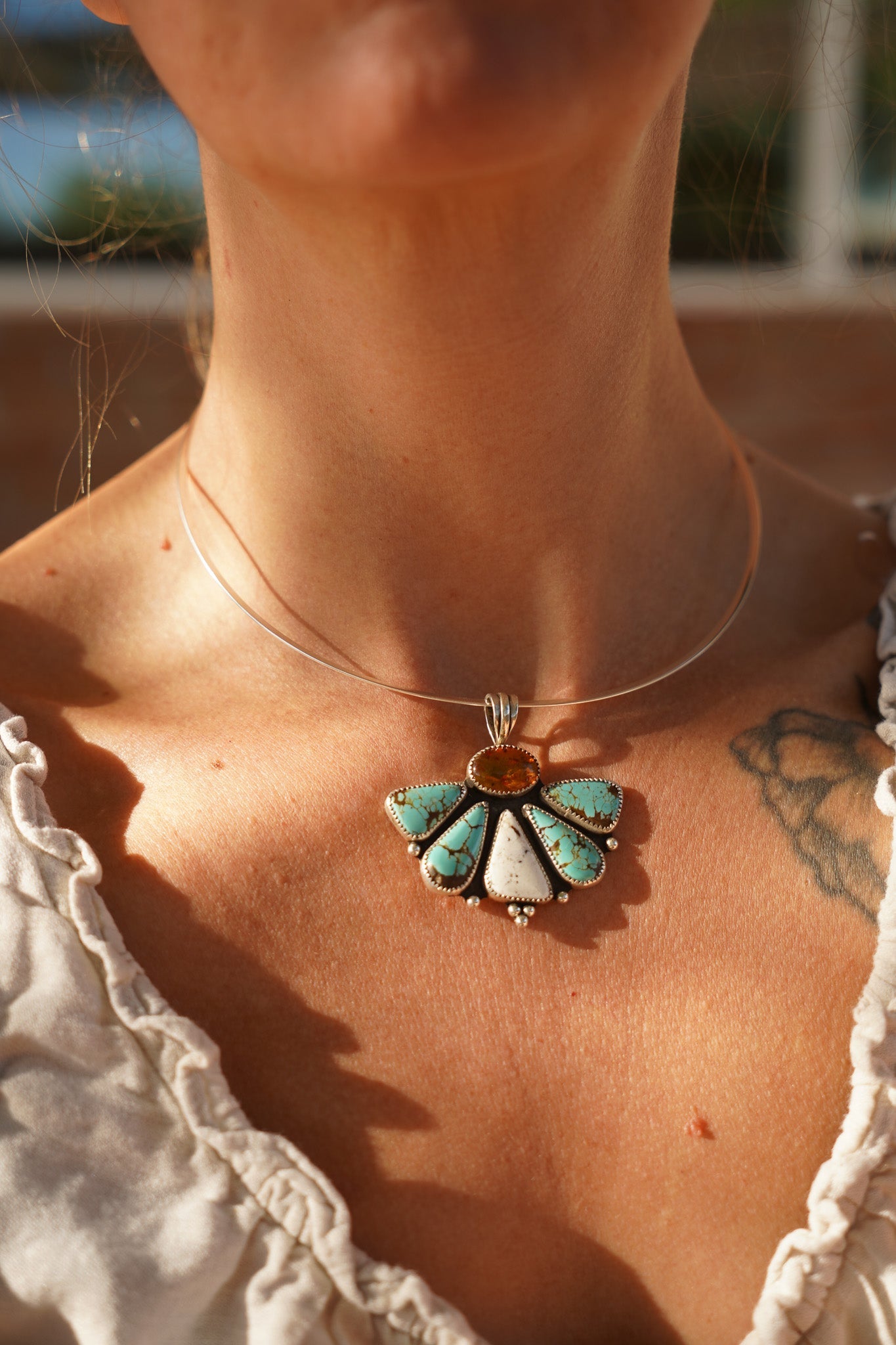 Sonoran Flower Collar in No. 8 Turquoise, White Buffalo, & Amber - Golden Road Crafted