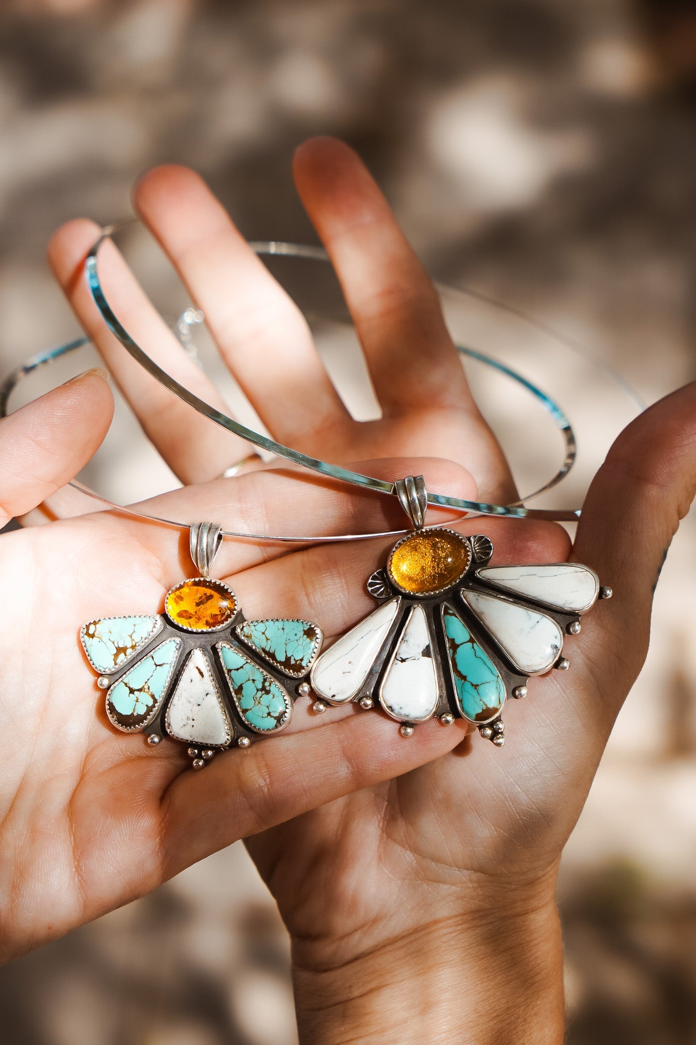 Sonoran Flower Collar in No. 8 Turquoise, White Buffalo, & Amber - Golden Road Crafted