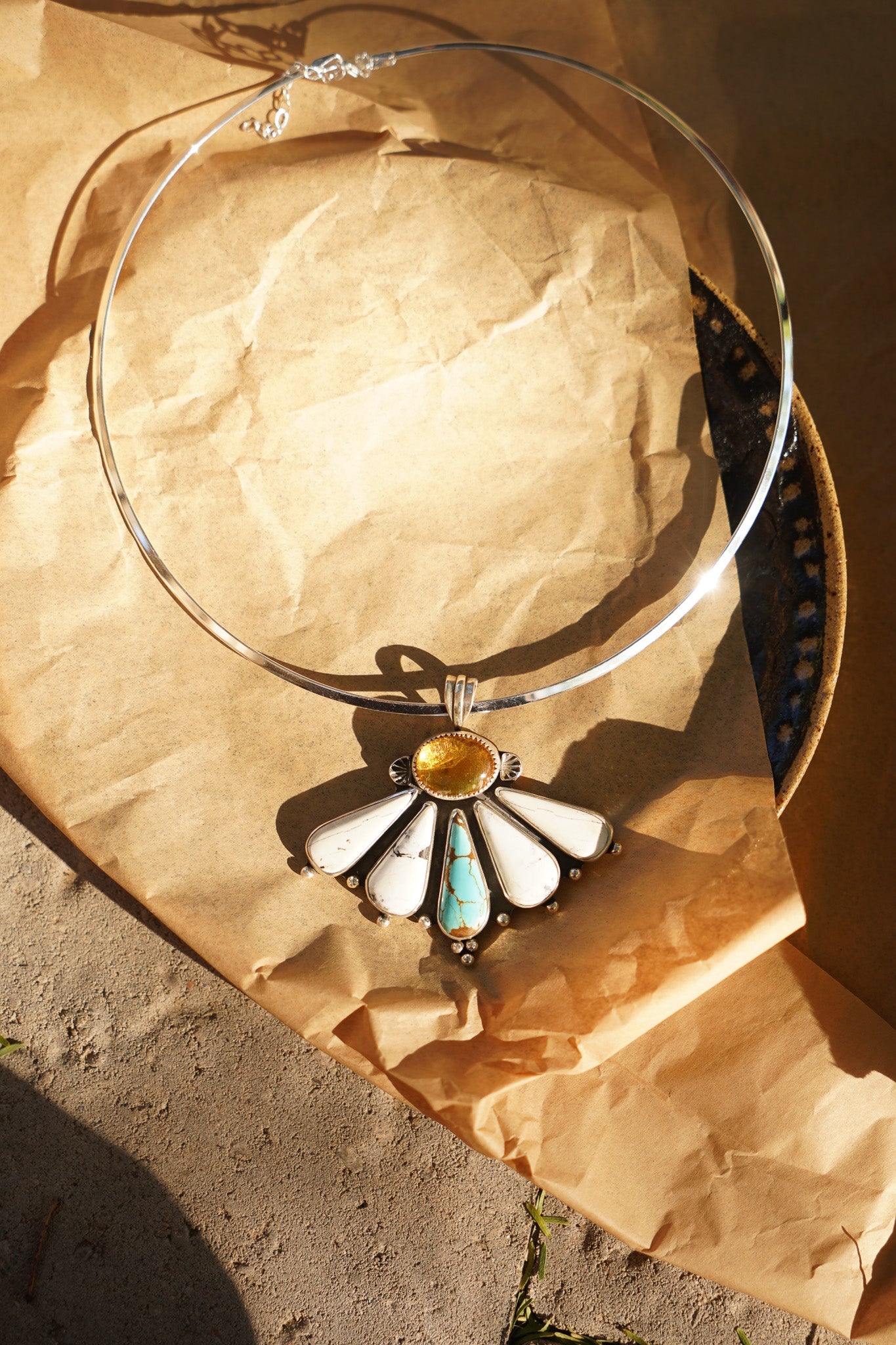 Sonoran Flower Collar in No. 8 Turquoise, White Buffalo, & Amber - Golden Road Crafted