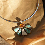 Sonoran Flower Collar in No. 8 Turquoise, White Buffalo, & Amber - Golden Road Crafted
