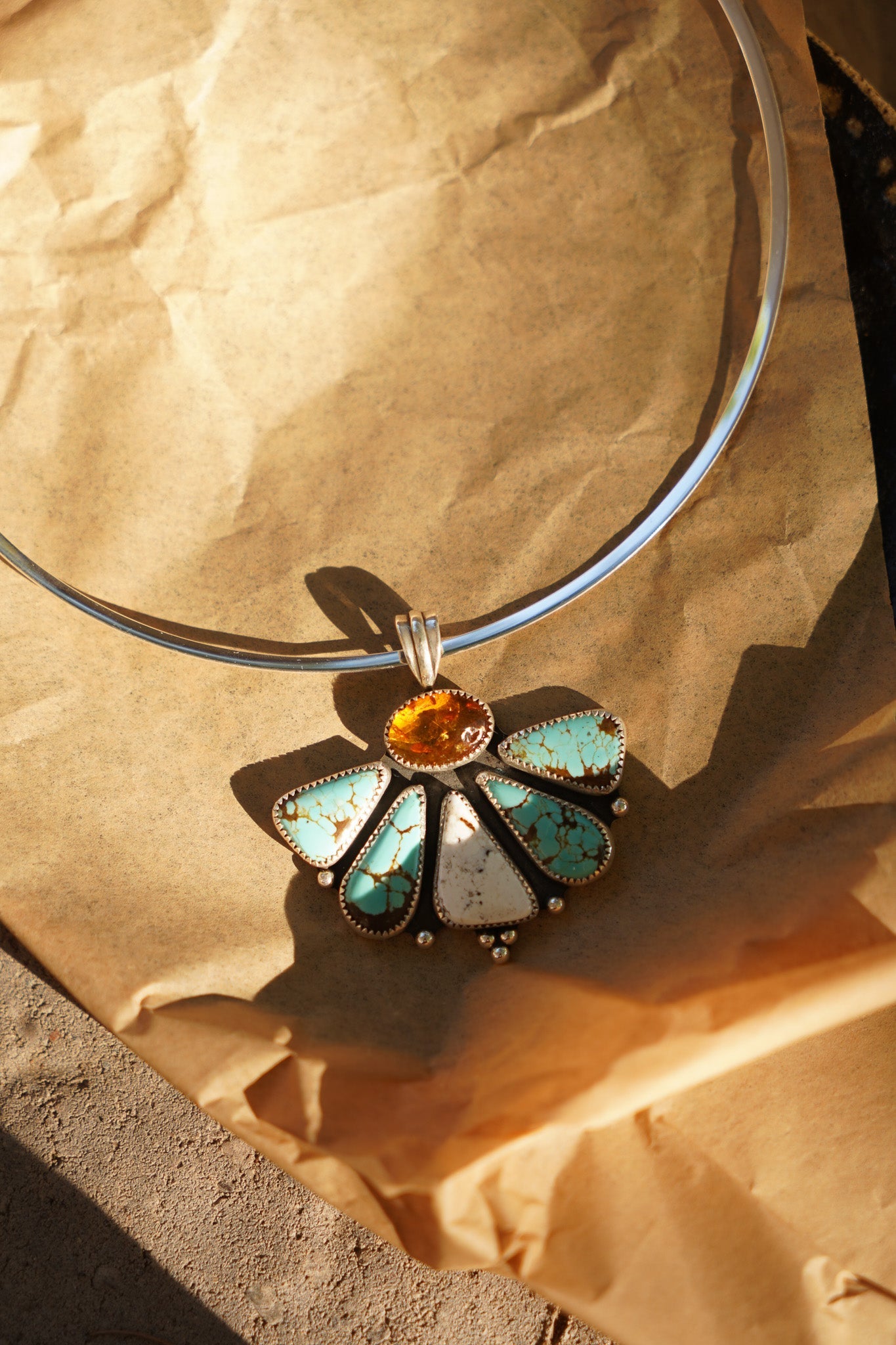 Sonoran Flower Collar in No. 8 Turquoise, White Buffalo, & Amber - Golden Road Crafted