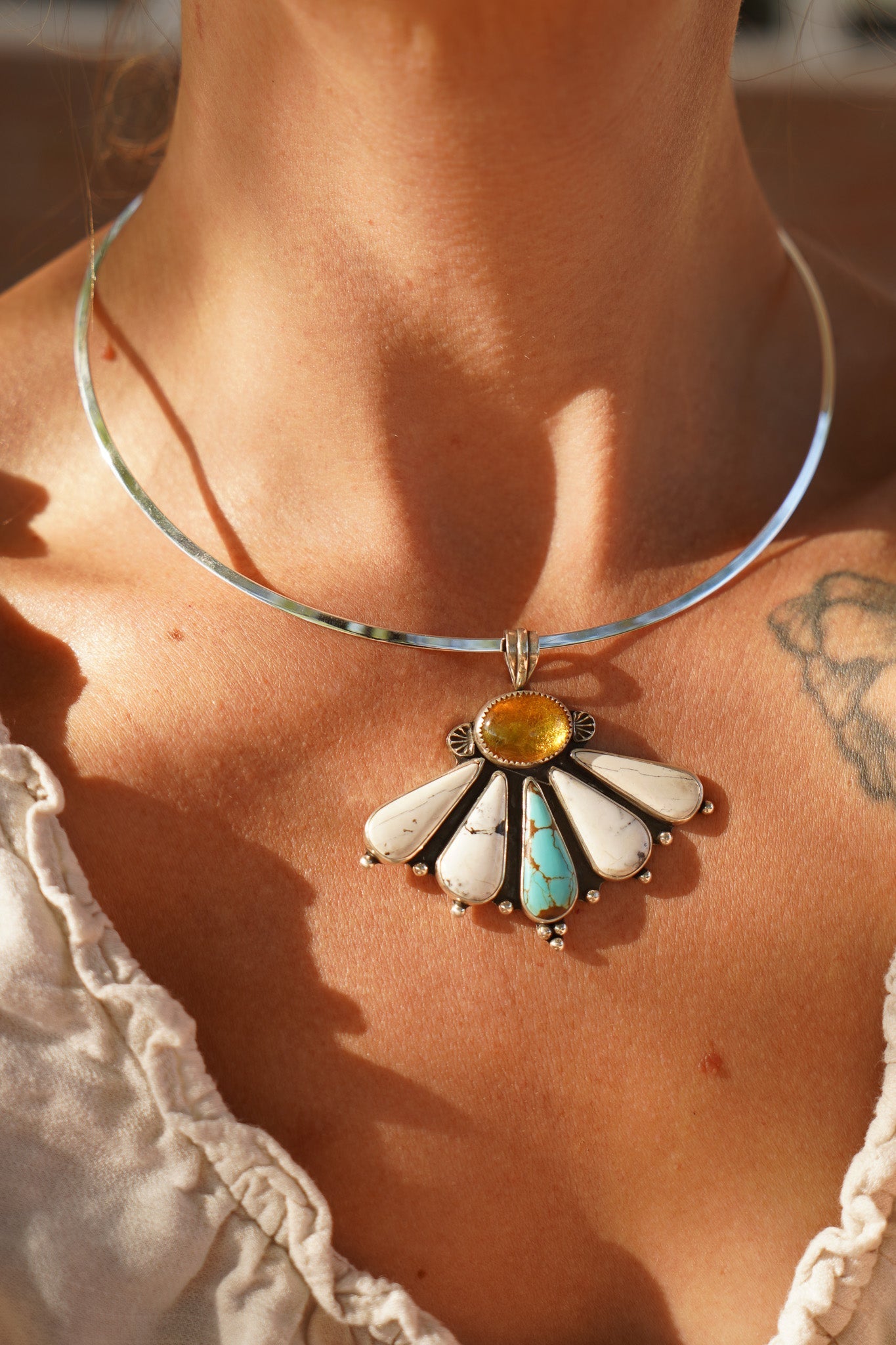Sonoran Flower Collar in No. 8 Turquoise, White Buffalo, & Amber - Golden Road Crafted