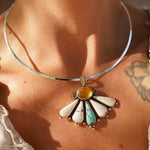 Sonoran Flower Collar in No. 8 Turquoise, White Buffalo, & Amber - Golden Road Crafted