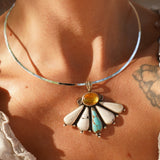 Sonoran Flower Collar in No. 8 Turquoise, White Buffalo, & Amber - Golden Road Crafted
