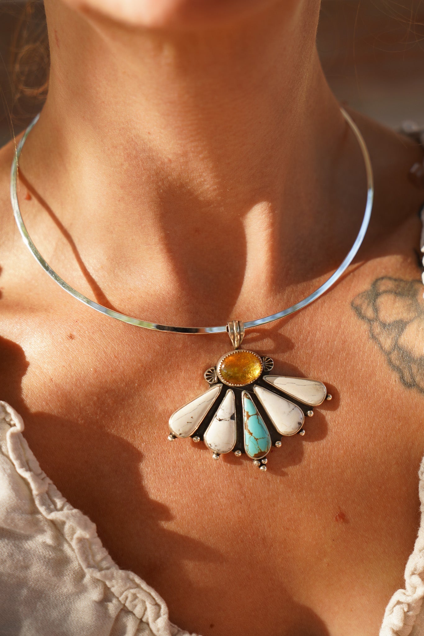 Sonoran Flower Collar in No. 8 Turquoise, White Buffalo, & Amber - Golden Road Crafted