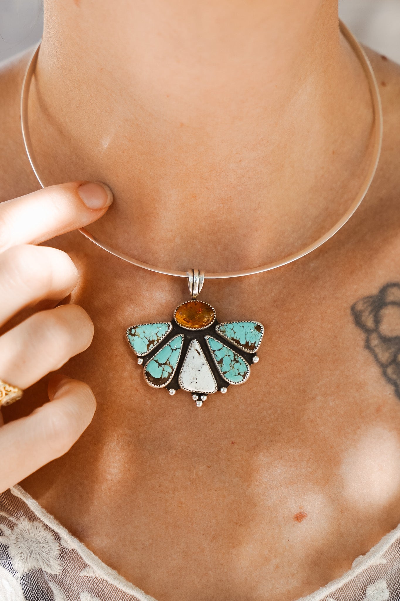 Sonoran Flower Collar in No. 8 Turquoise, White Buffalo, & Amber - Golden Road Crafted