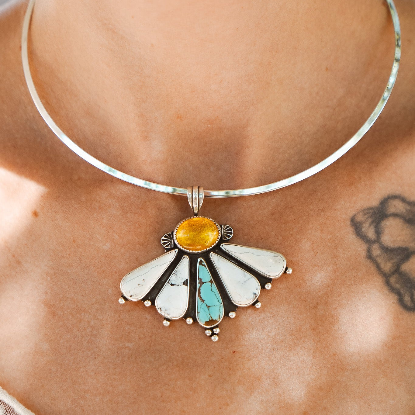 Sonoran Flower Collar in No. 8 Turquoise, White Buffalo, & Amber - Golden Road Crafted