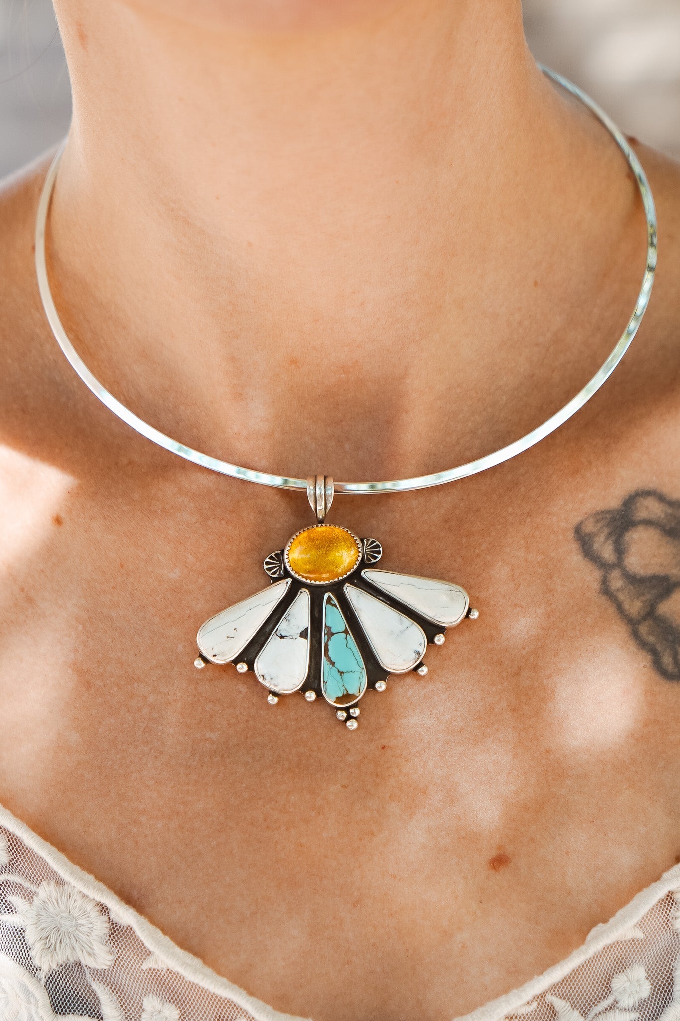 Sonoran Flower Collar in No. 8 Turquoise, White Buffalo, & Amber - Golden Road Crafted