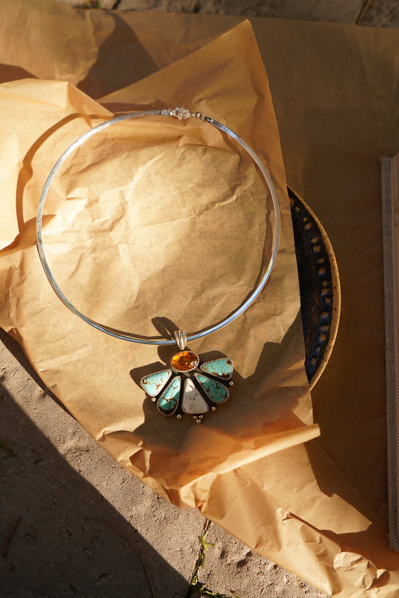 Sonoran Flower Collar in No. 8 Turquoise, White Buffalo, & Amber - Golden Road Crafted