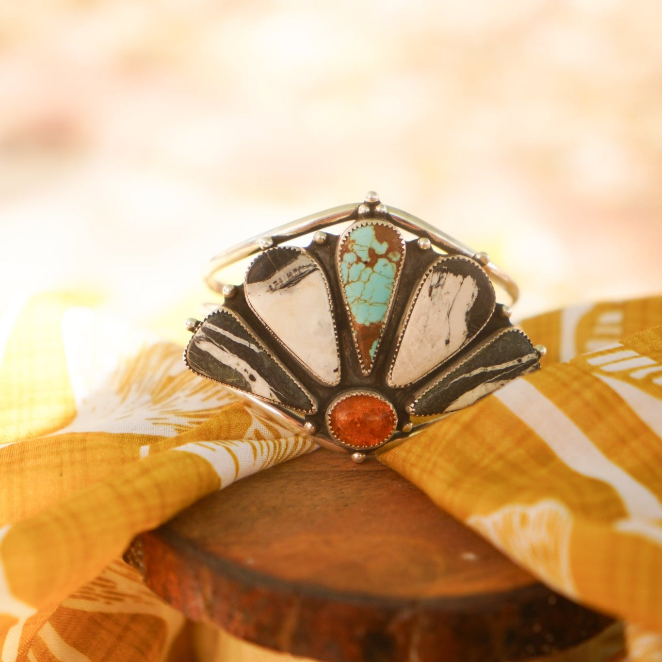 Sonoran Flower Cuff in White Buffalo, No. 8, & Amber - Golden Road Crafted