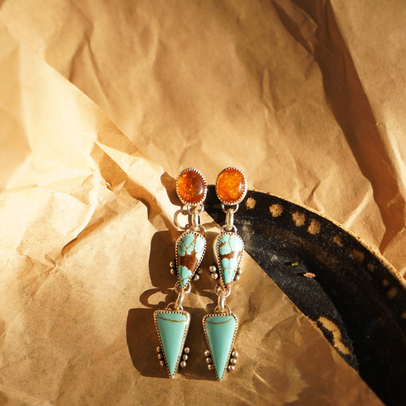 Sonoran Flower Earrings in No. 8 Turquoise & Amber - Golden Road Crafted