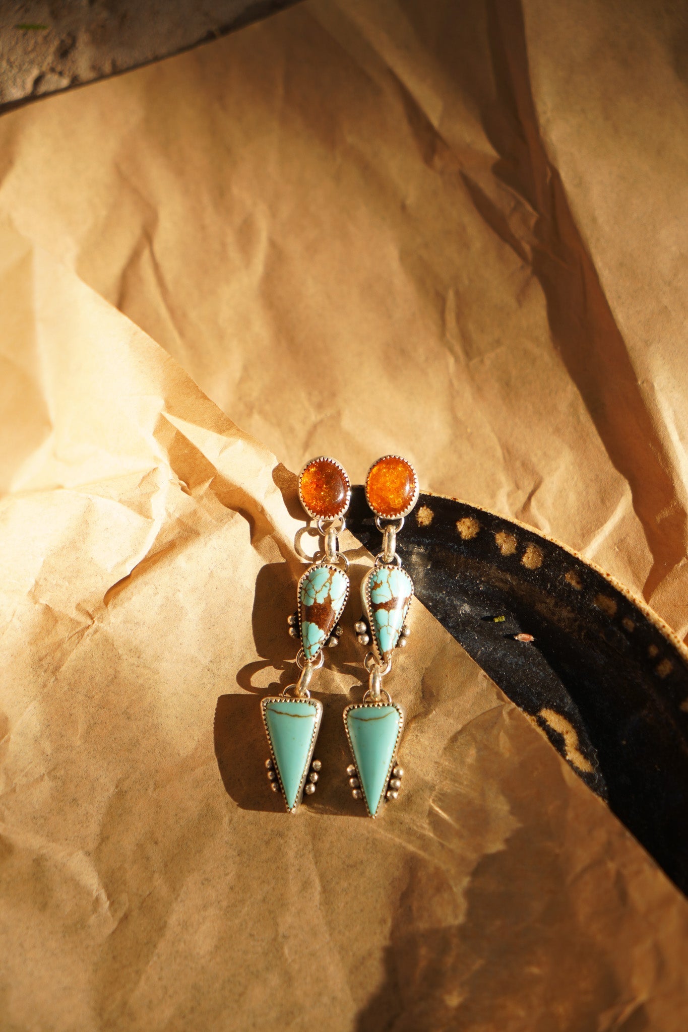 Sonoran Flower Earrings in No. 8 Turquoise & Amber - Golden Road Crafted