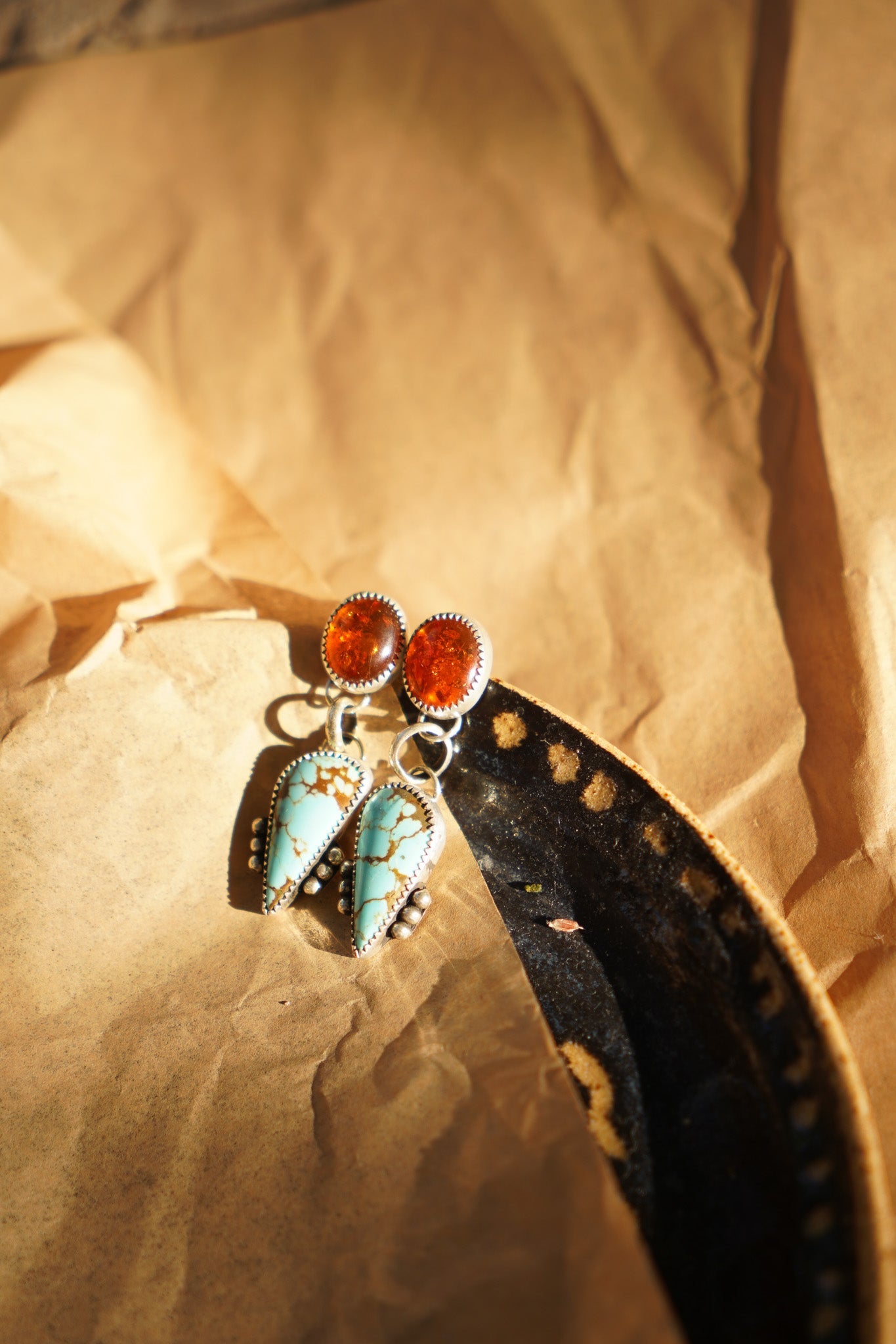 Sonoran Flower Earrings in No. 8 Turquoise & Amber - Golden Road Crafted