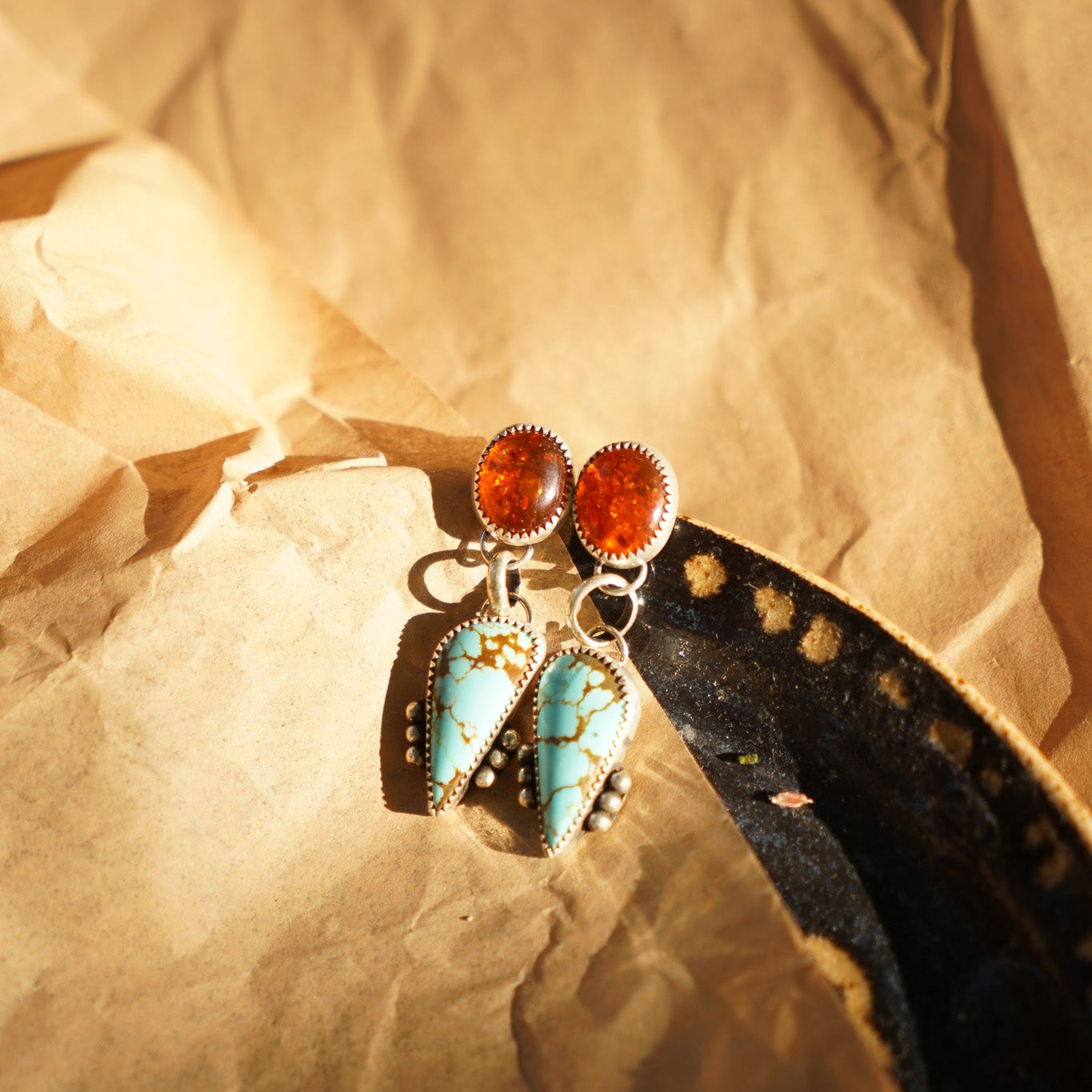 Sonoran Flower Earrings in No. 8 Turquoise & Amber - Golden Road Crafted