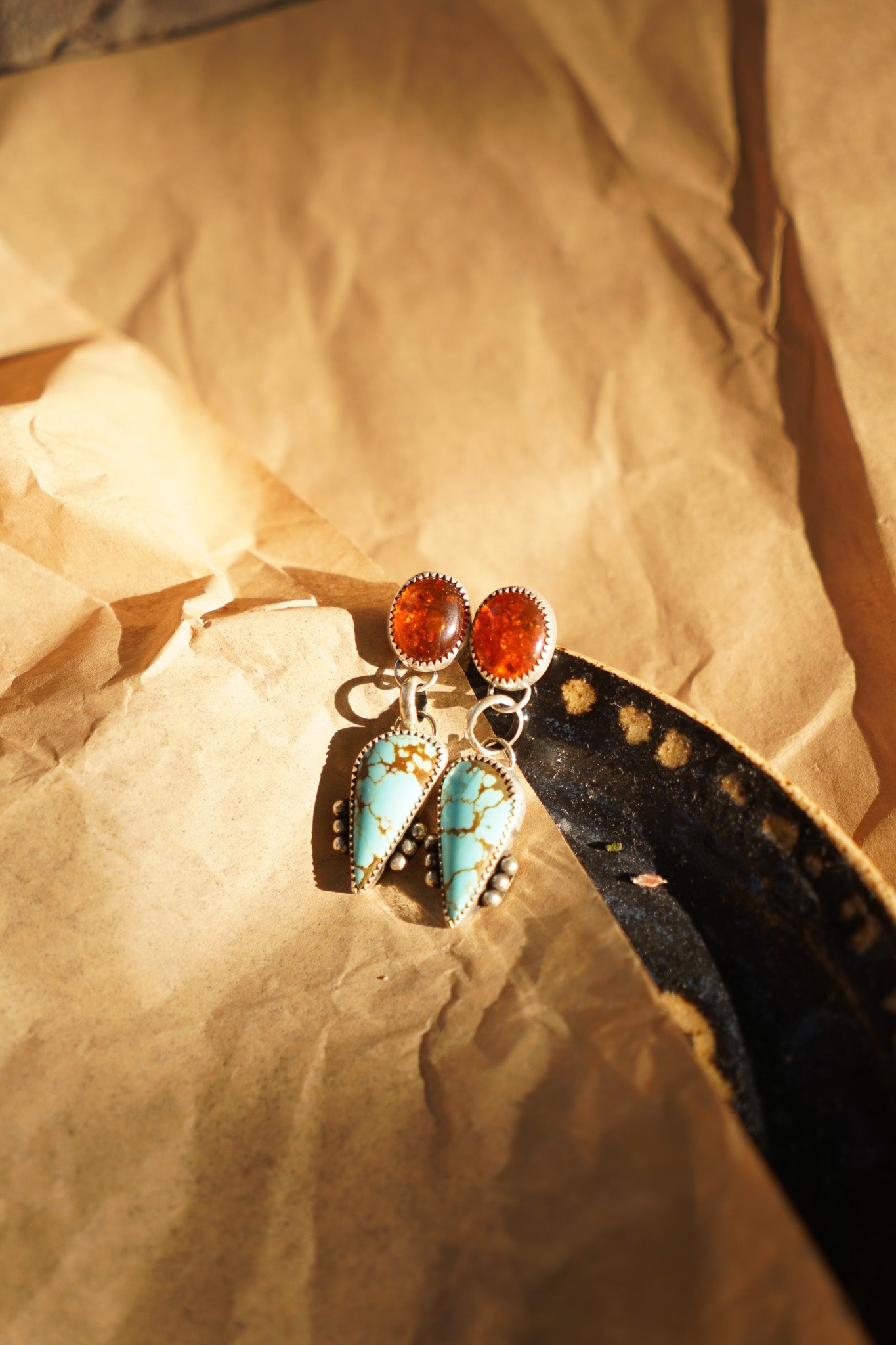 Sonoran Flower Earrings in No. 8 Turquoise & Amber - Golden Road Crafted