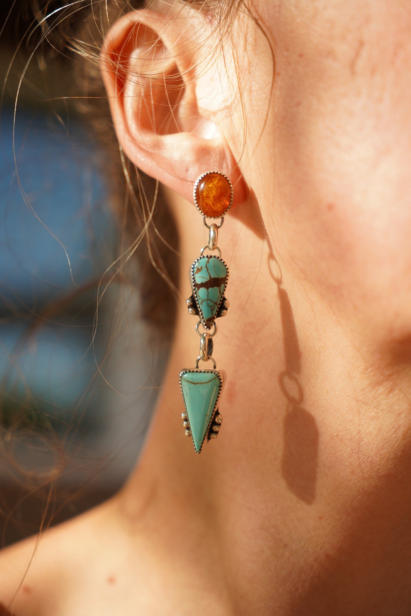Sonoran Flower Earrings in No. 8 Turquoise & Amber - Golden Road Crafted