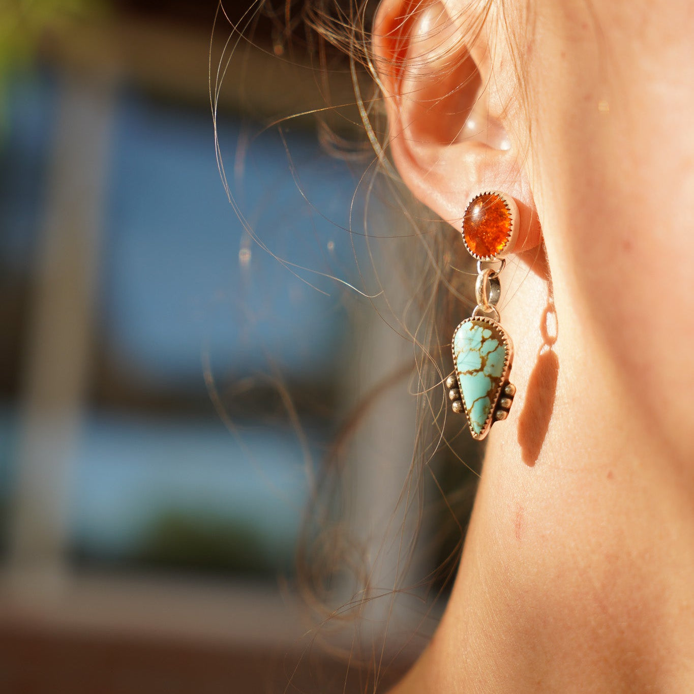 Sonoran Flower Earrings in No. 8 Turquoise & Amber - Golden Road Crafted